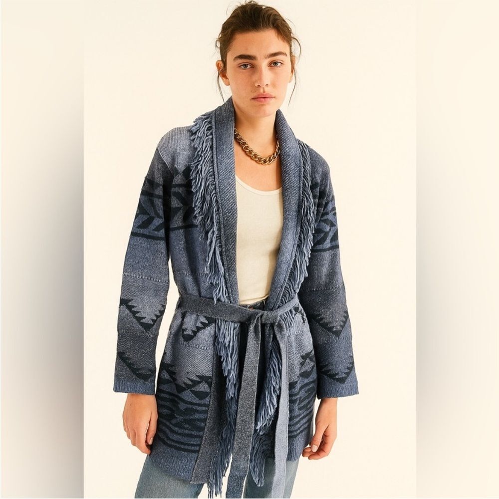 NWT Badgley Mischka Stylish Blue Fringe Western Belted Cardigan Aztec print Sz M